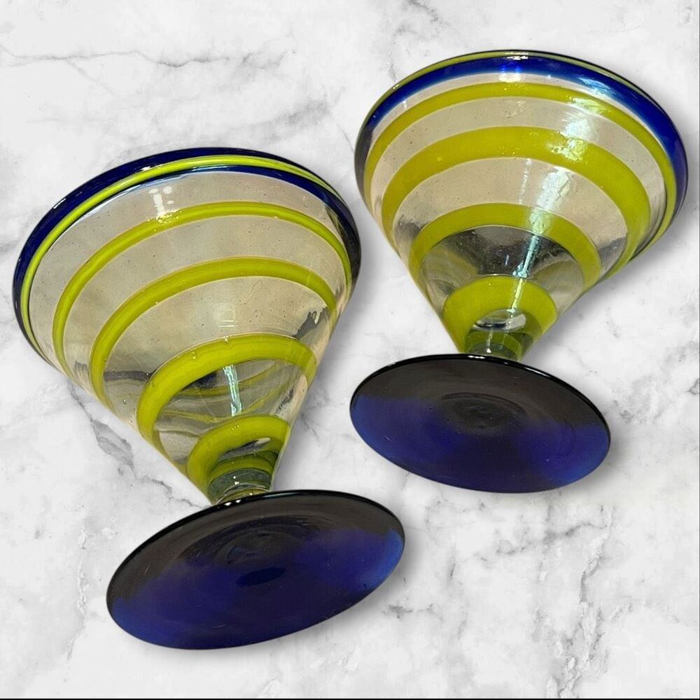 Kosta Boda Royal Caribbean Hand Blown Swirl Martini Glasses Set of 2